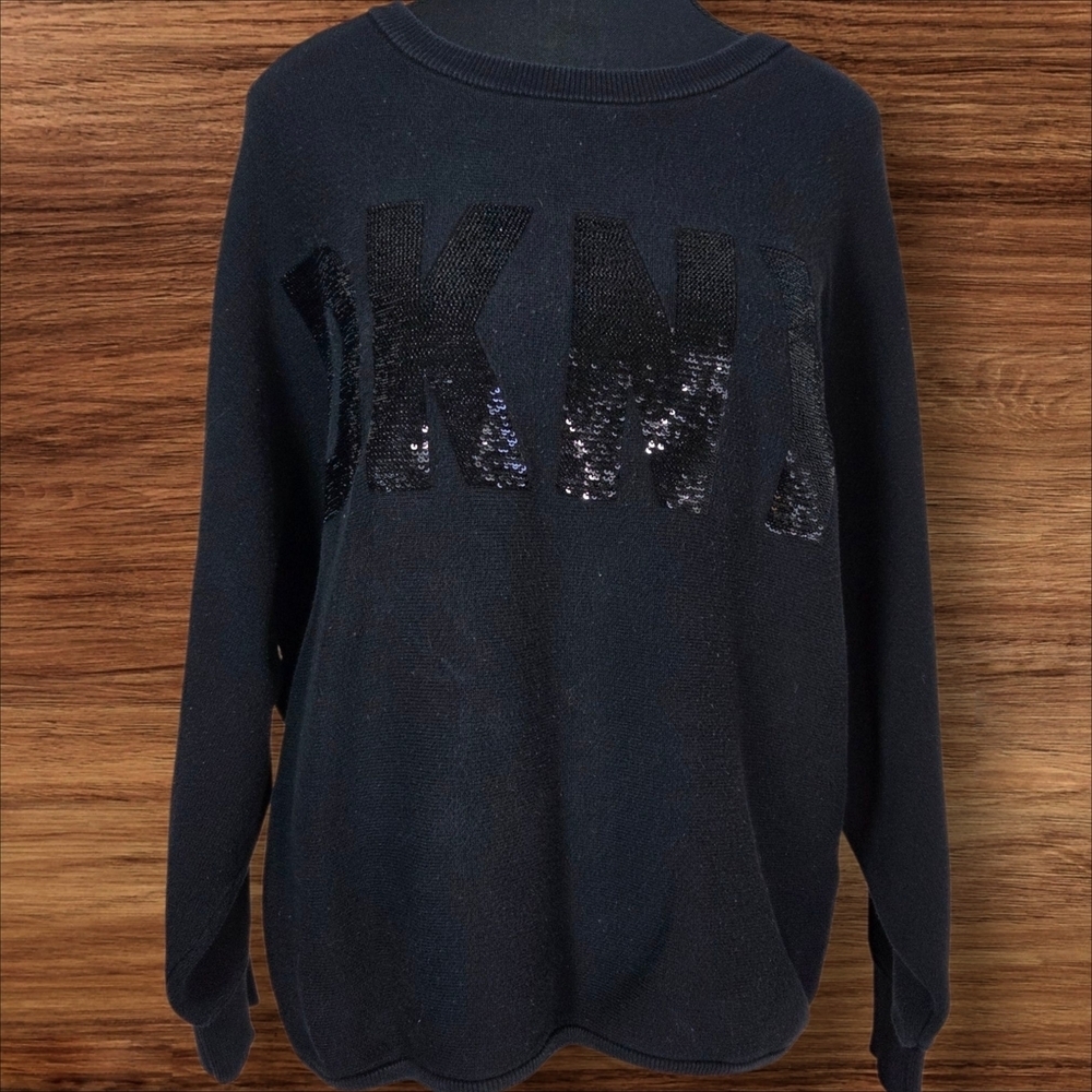 DKNY Black Sequin Sweater With Dolman Sleeves Size L